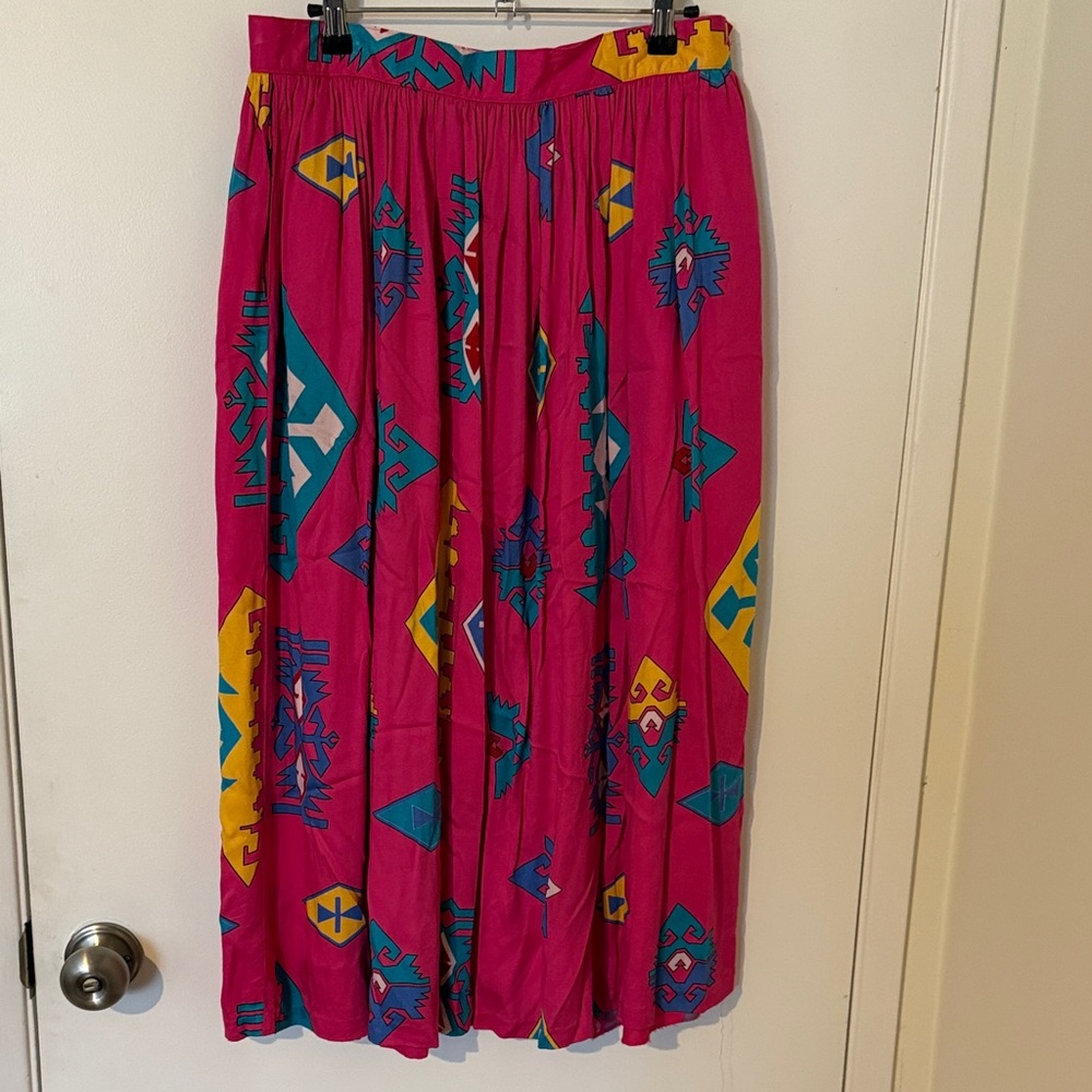 Chaus Pink and Blue Geometric A-Line Skirt